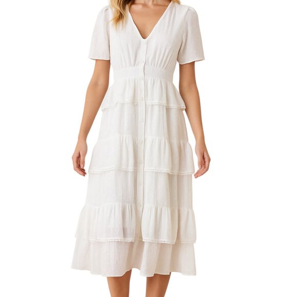 Free the Roses White Ruffle Lace Midi Dress – Anthropologie Size L - Picture 1 of 15